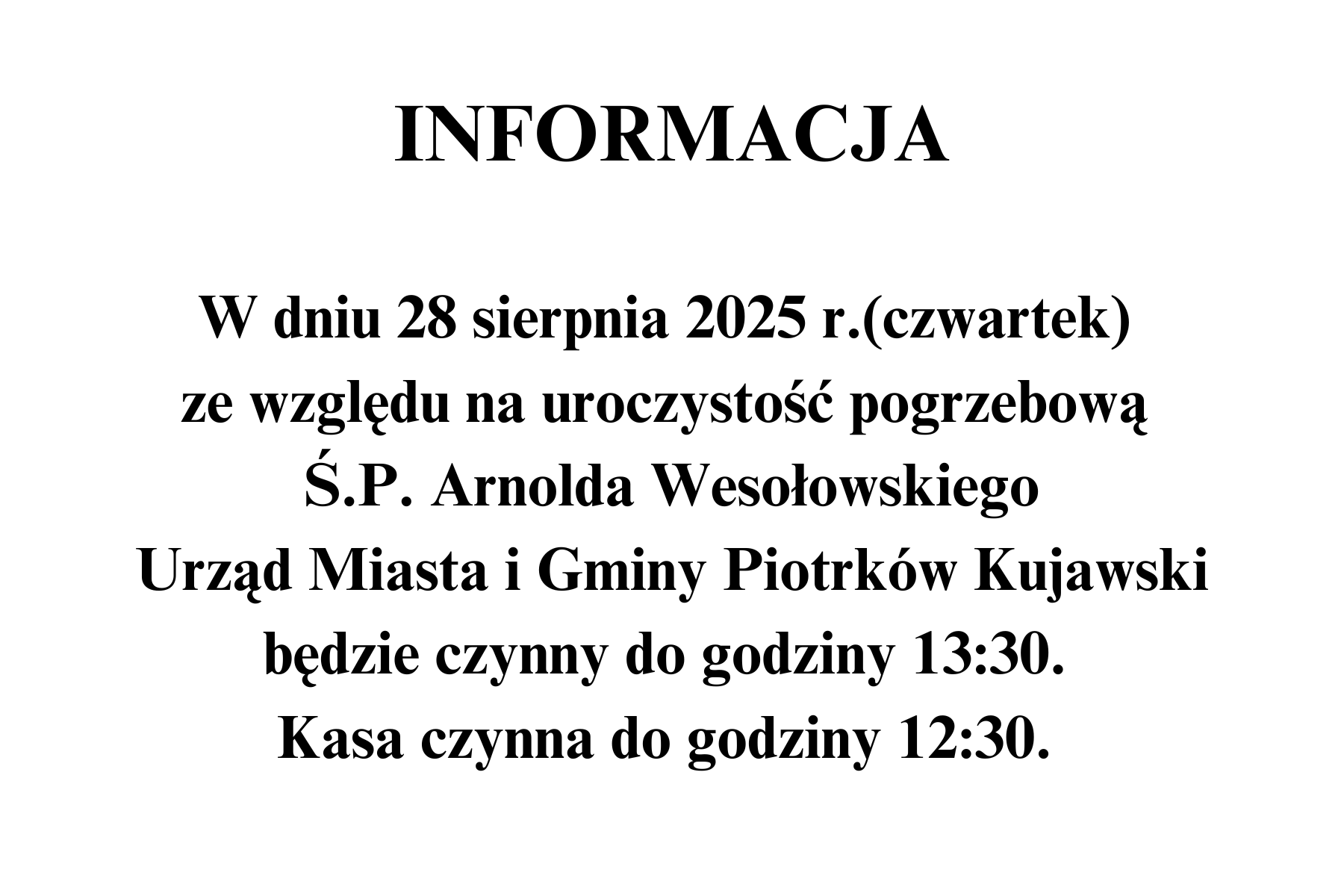 Informacja - godziny pracy w dniu 28 sierpnia 2025 r.
